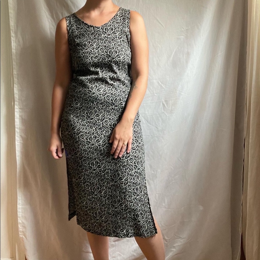 90s Rayon Leaf Print Midi Dress